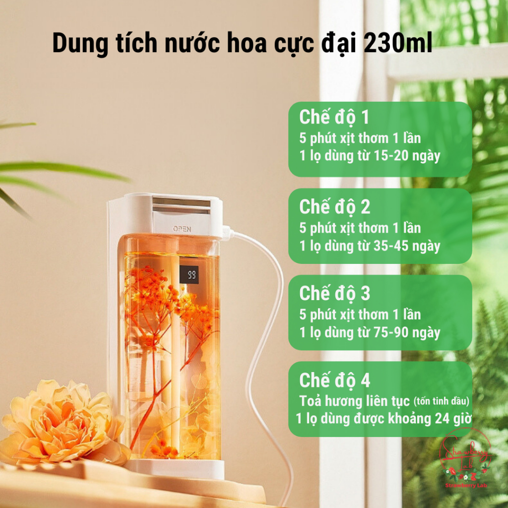 Máy xịt thơm phòng tự động dung tích lớn 230ml, xịt thơm phòng StrawberryLab V04