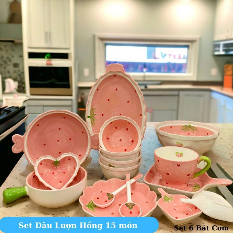 🍓Set bát đĩa dâu hồng tách lẻ🍓