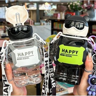 (Tặng 6 sticker 3D) Bình uống nước Happy Cool 800ml hottrend, Bình uống nước cho trẻ em có dây đeo kèm ống hút silicon
