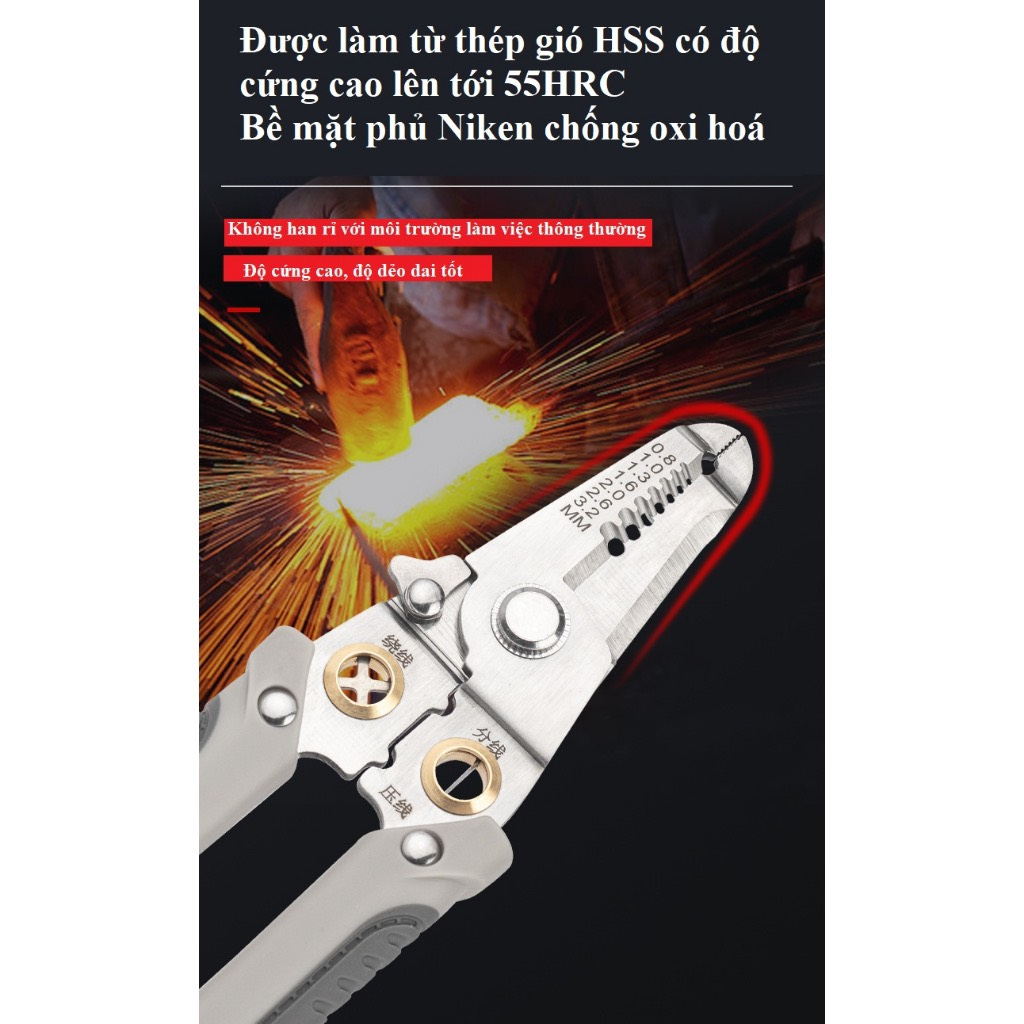 Kìm tuốt dây điện đa năng 9 trong 1, Kìm điện đa năng Thép gió HSS, tước dây 4mm, Lò xo ẩn