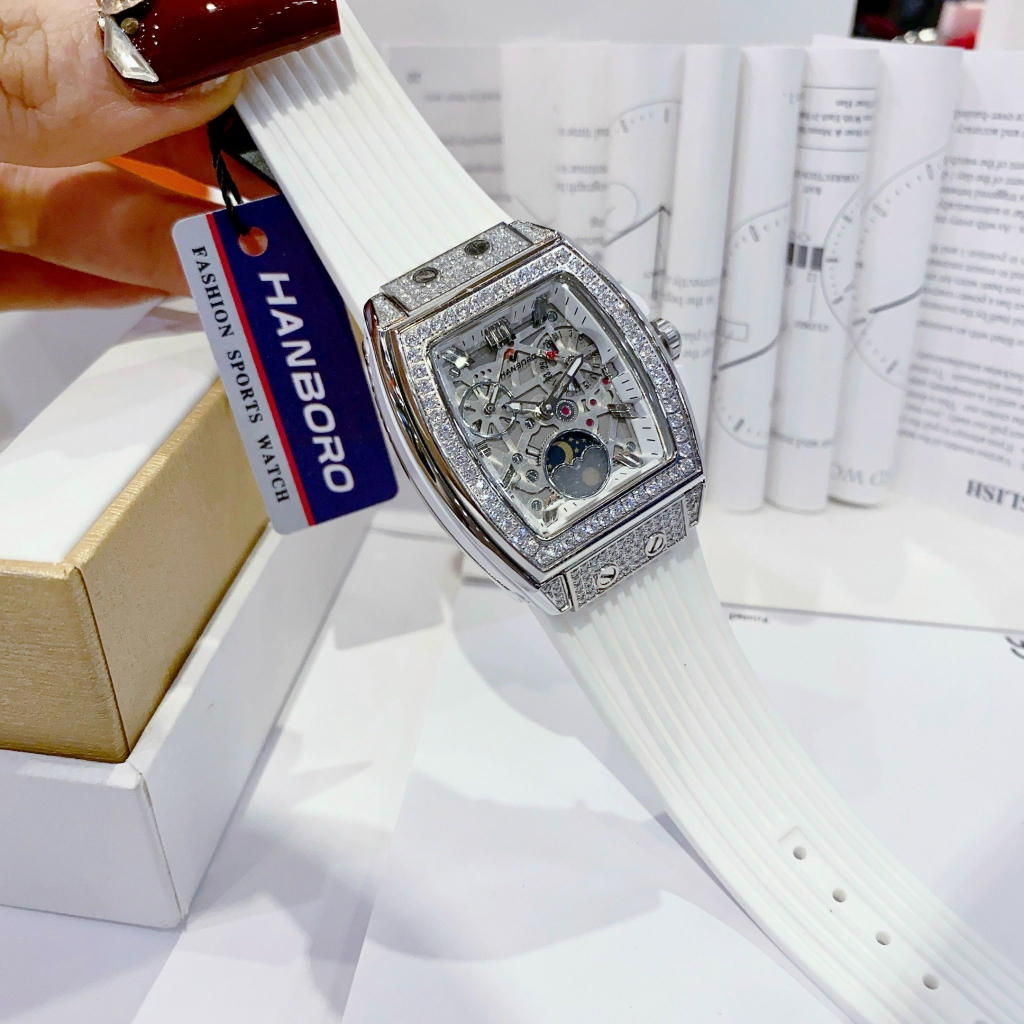 Đồng hồ đeo tay cao cấp nữ chống nước kim dây silicon Hanboro size 36mm fullbox