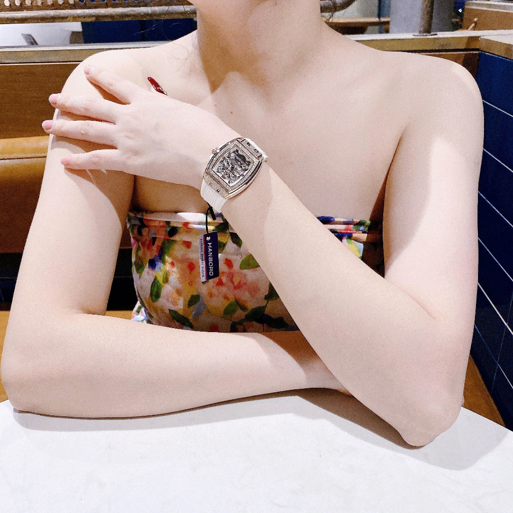 Đồng hồ đeo tay cao cấp nữ chống nước kim dây silicon Hanboro size 36mm fullbox