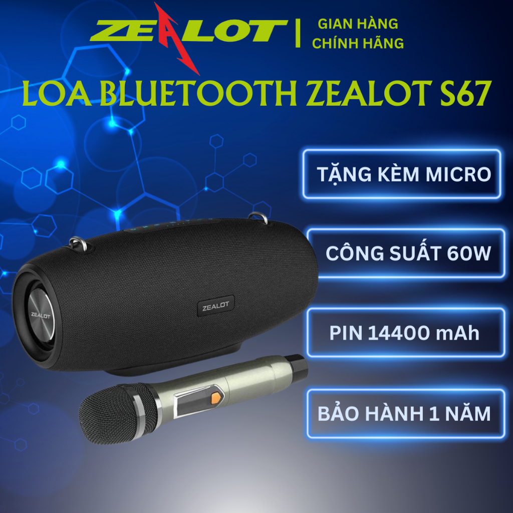 Loa Bluetooth Zealot S67| Loa Tặng kèm Micro, Công suất 60W, Bass Mạnh, Pin Trâu - Chính hãng, Bảo hành 12th- OBIBI