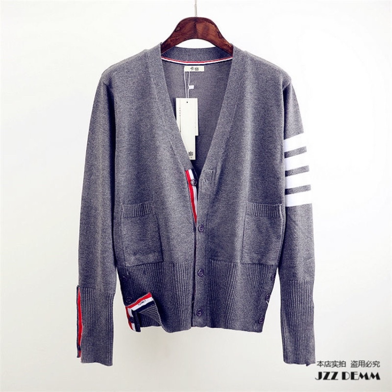 Áo Cardigan Thome Browe Chất Nhung Tăm-Áo Cardigan Phối Hoạ Tiết 4 Sọc Cực Đẹp