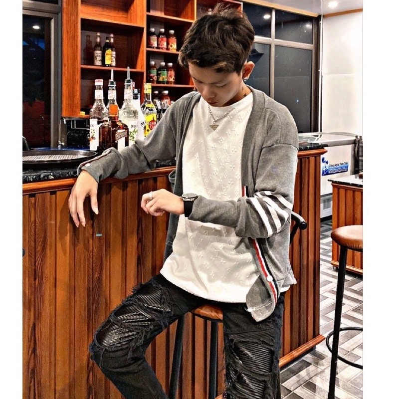 Áo Cardigan Thome Browe Chất Nhung Tăm-Áo Cardigan Phối Hoạ Tiết 4 Sọc Cực Đẹp