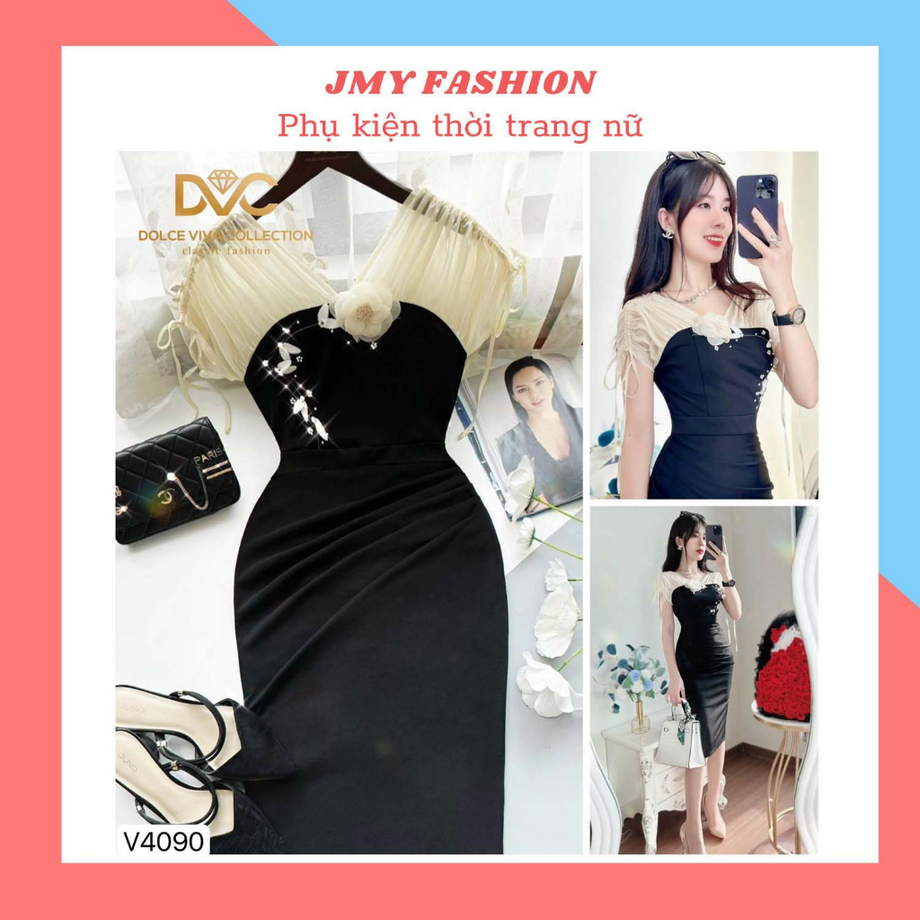 V4090 Váy body đen phối tay voan đính hoa  váy đầm body dự tiệc sang chảnh