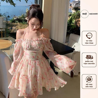 Đầm Hoa Nhí Cổ Vuông Sexy Vải Voan Hàng Quảng Châu (Sẵn)