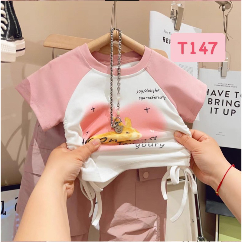 T147 Set cho bé - Set coptop thỏ hồng thăt dây cho bé gái