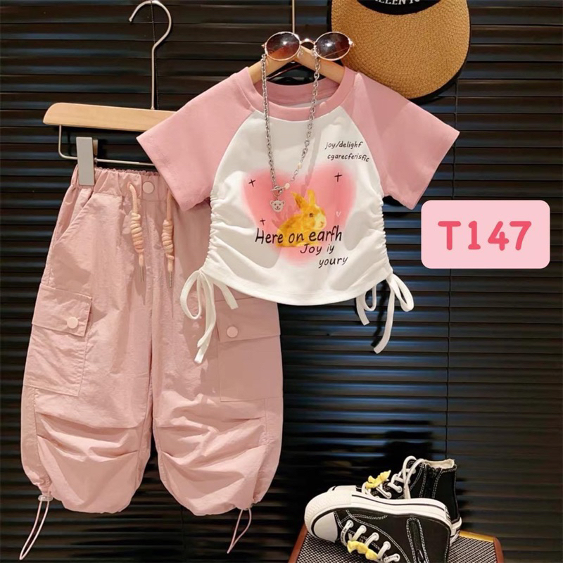 T147 Set cho bé - Set coptop thỏ hồng thăt dây cho bé gái