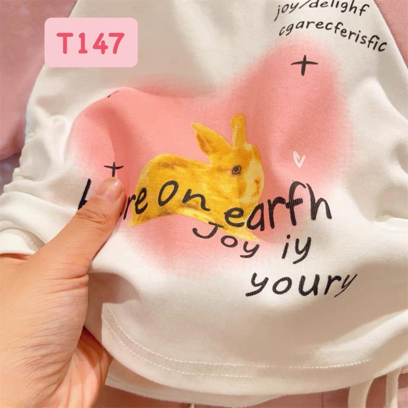 T147 Set cho bé - Set coptop thỏ hồng thăt dây cho bé gái