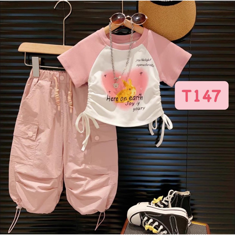 T147 Set cho bé - Set coptop thỏ hồng thăt dây cho bé gái