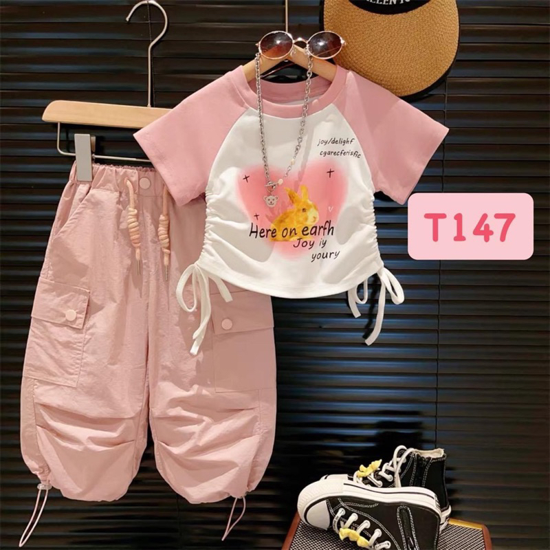 T147 Set cho bé - Set coptop thỏ hồng thăt dây cho bé gái