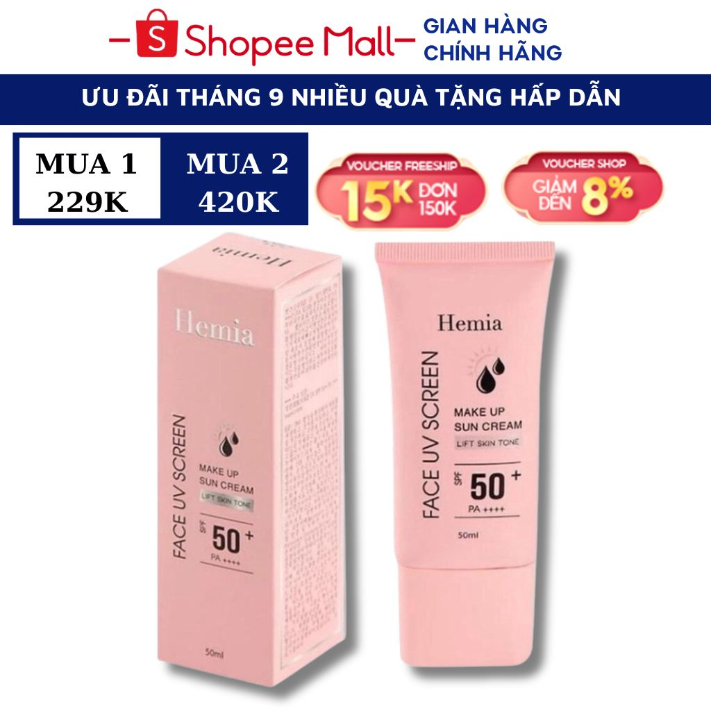 Kem chống nắng Hemia nâng tone trắng da kiềm dầu SPF50+++nhập khẩu chính hãng Hàn Quốc 50ml