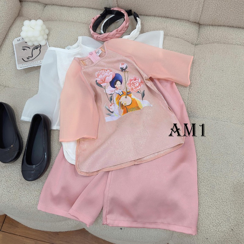 Bộ quần áo bé gái -  Set bà ba lụa tay voan cho bé gái chơi Tết TB377