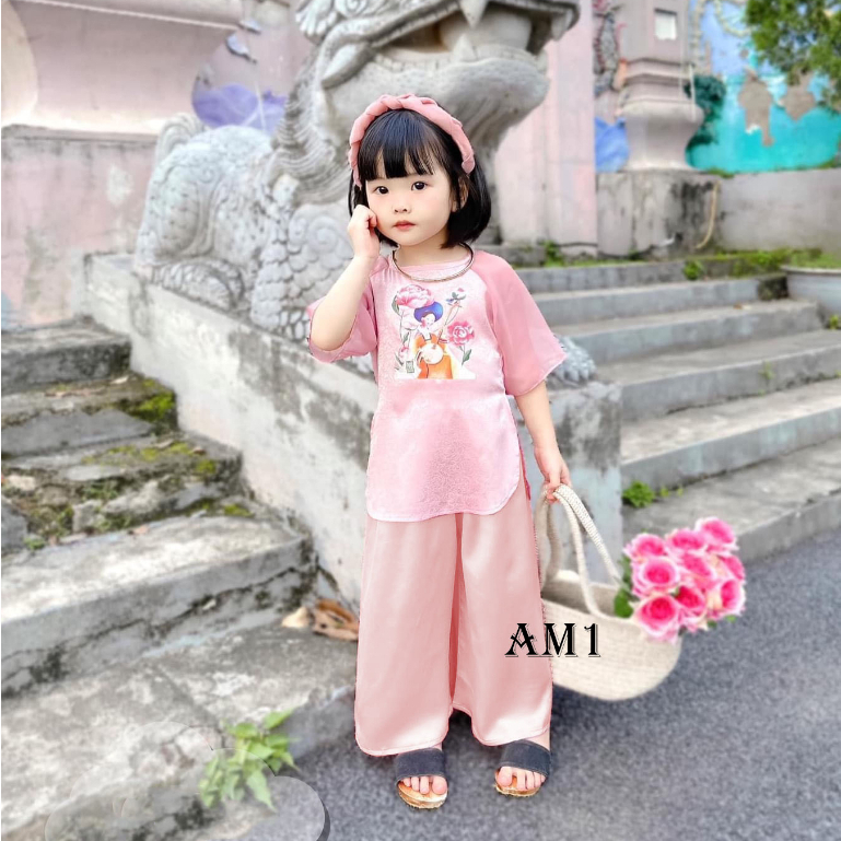 Bộ quần áo bé gái -  Set bà ba lụa tay voan cho bé gái chơi Tết TB377