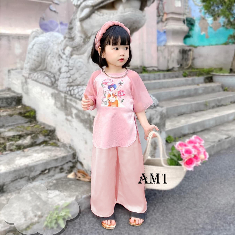 Bộ quần áo bé gái -  Set bà ba lụa tay voan cho bé gái chơi Tết TB377