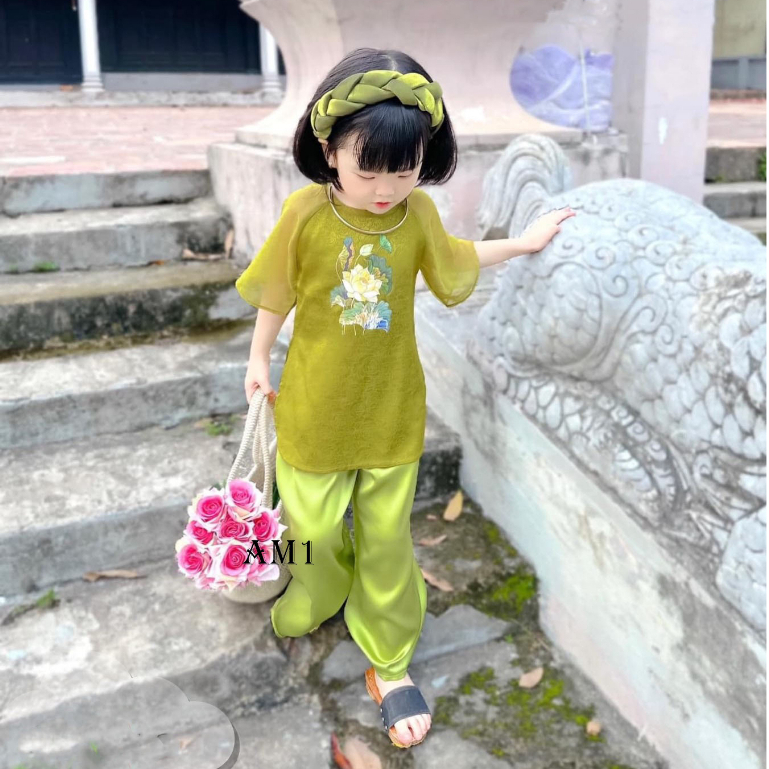 Bộ quần áo bé gái -  Set bà ba lụa tay voan cho bé gái chơi Tết TB377