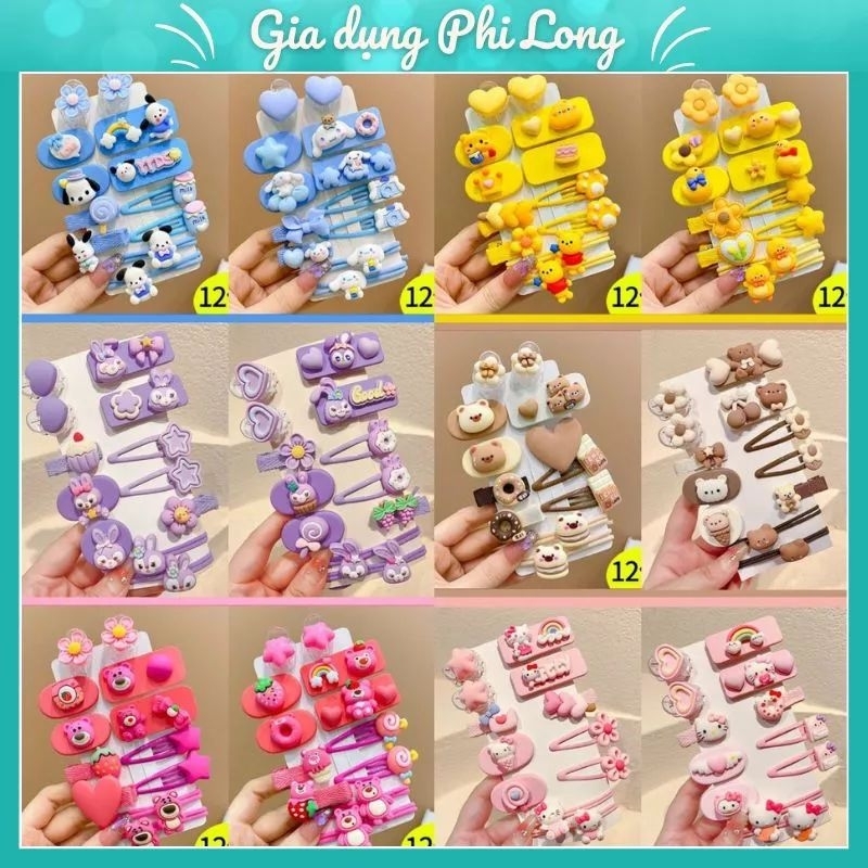 Vĩ 12 kẹp mái kèm cột tóc hoạt hình siêu dễ thương bé nào cũng mê.