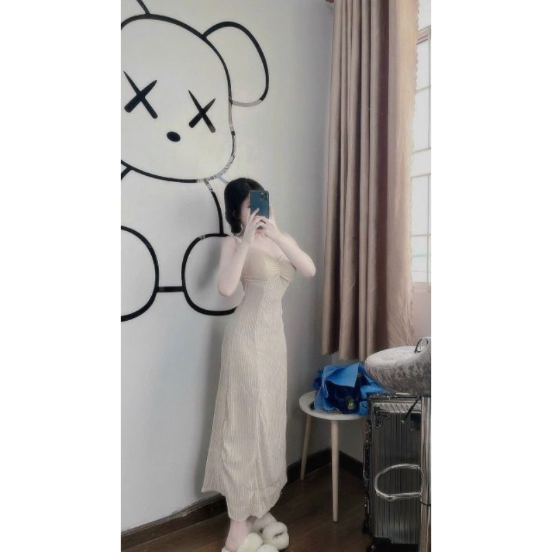 Đầm Xốp Hai Dây Bản To Nhún Ngực - Hở Lưng Dây Chun Ngang - Dài Maxi Xòe Ôm Body Sexy -Tiểu Thư Bánh Bèo Sang Chảnh LS
