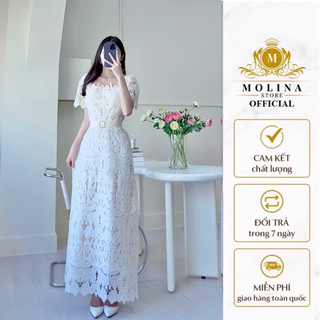 Đầm dạ hội ren dài  Molina Cổ vuông Tay ngắn, Chất Liệu ren lót Hai Lớp Mềm Mịn