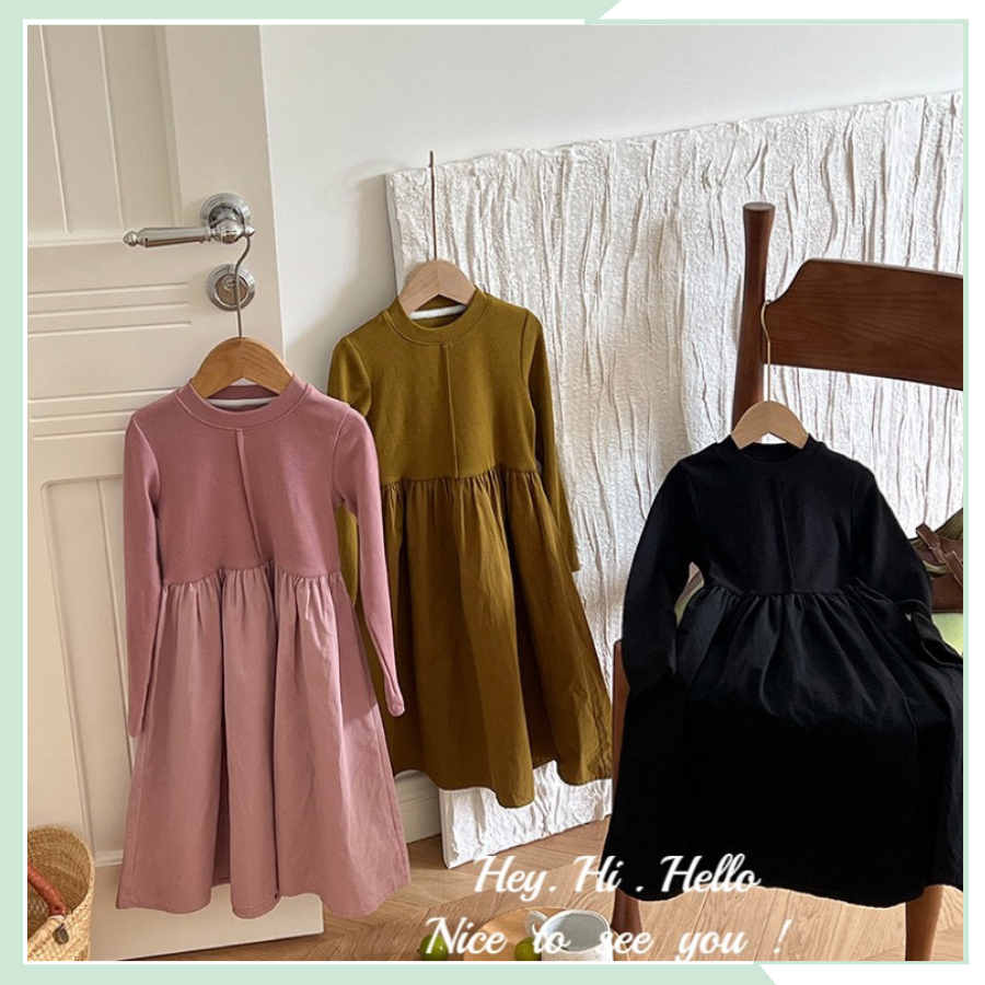 Váy dài tay thu đông cho bé, đầm cotton zip hàn váy thô mềm xinh xịn cho bé đi học đi chơi VBG121