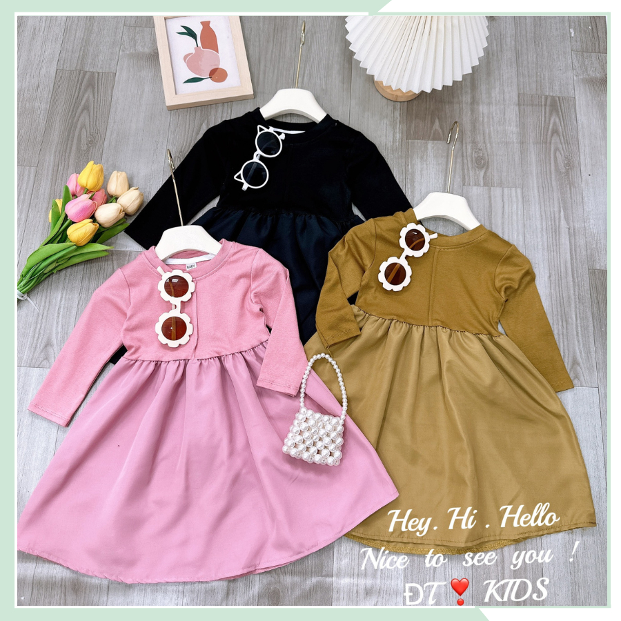 Váy dài tay thu đông cho bé, đầm cotton zip hàn váy thô mềm xinh xịn cho bé đi học đi chơi VBG121