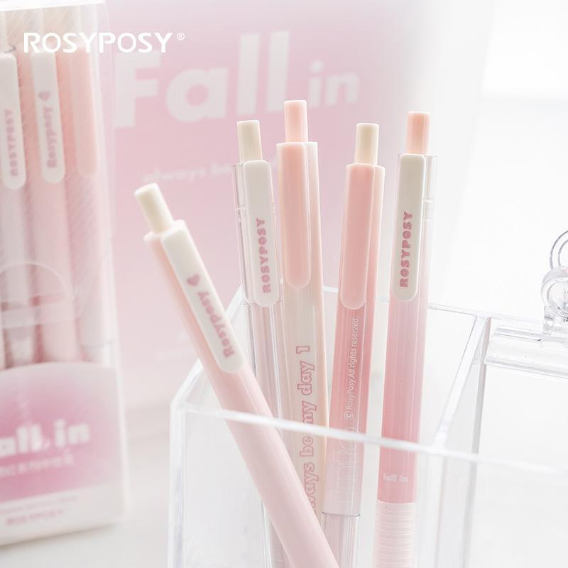 Set 5 Bút Gel Đen FALL IN Rosy Posy Vỏ Hoạ Tiết Màu Pastel Xinh Xắn