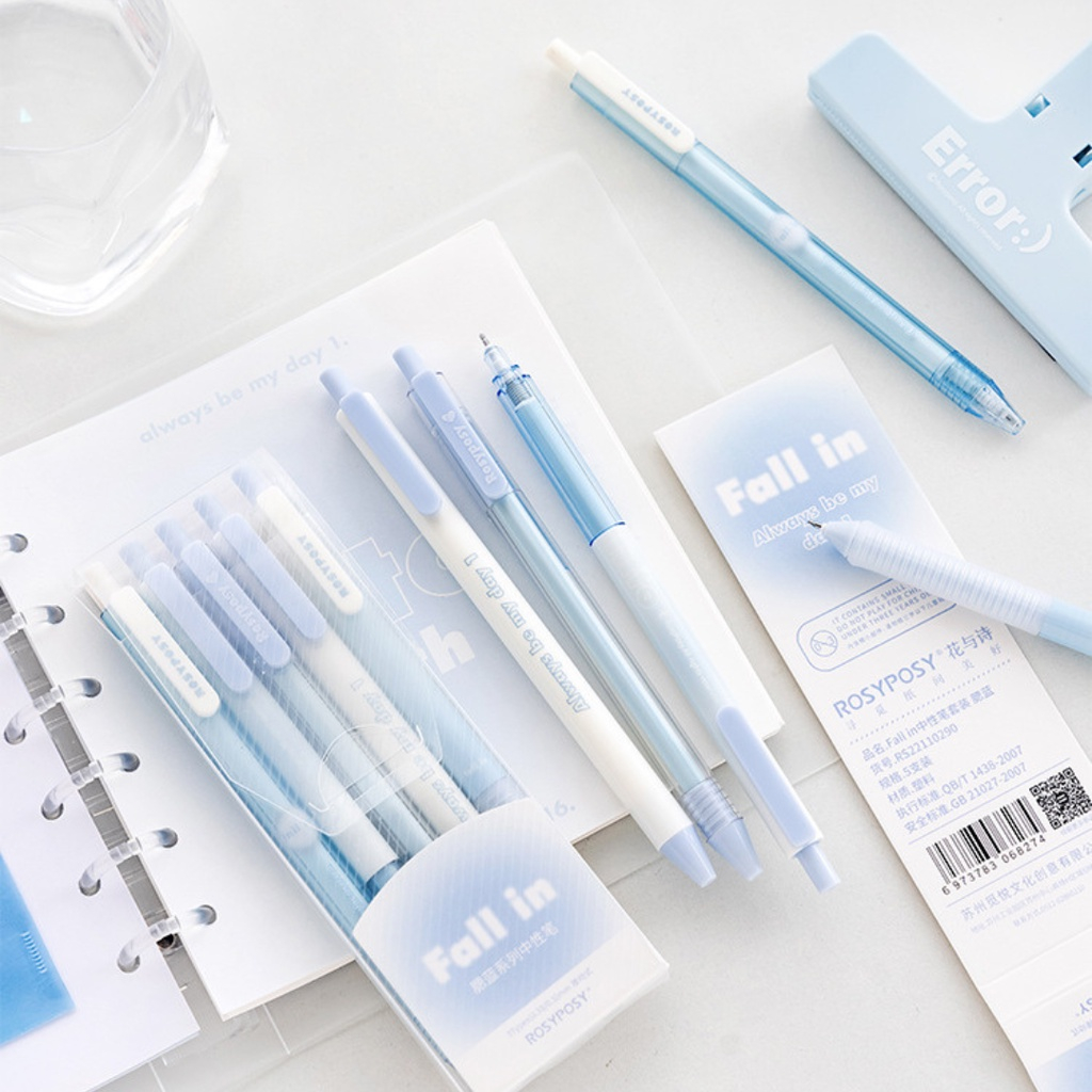 Set 5 Bút Gel Đen FALL IN Rosy Posy Vỏ Hoạ Tiết Màu Pastel Xinh Xắn