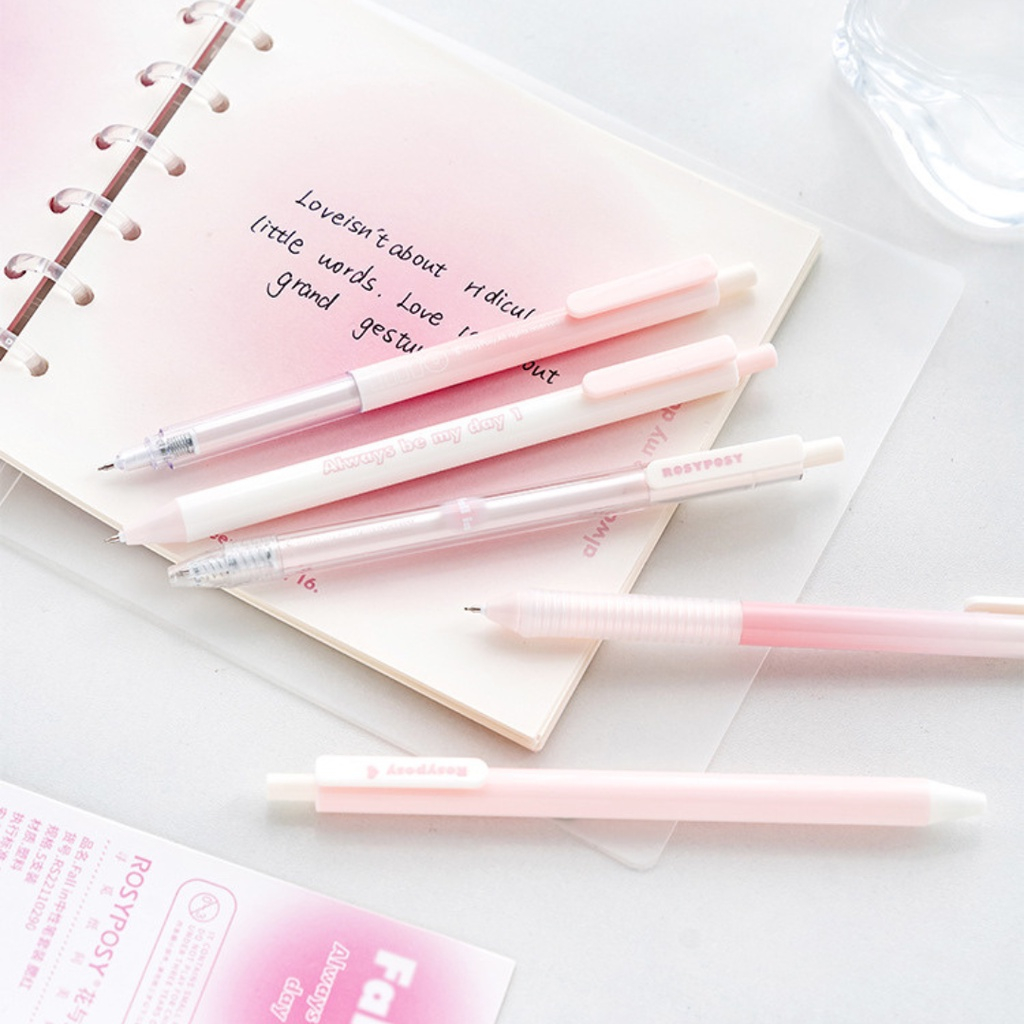 Set 5 Bút Gel Đen FALL IN Rosy Posy Vỏ Hoạ Tiết Màu Pastel Xinh Xắn