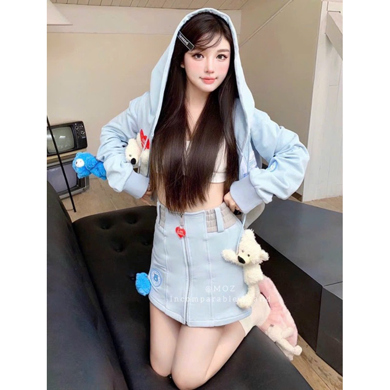 Set áo khoác chân váy nỉ 13de marzo đính gấu bông