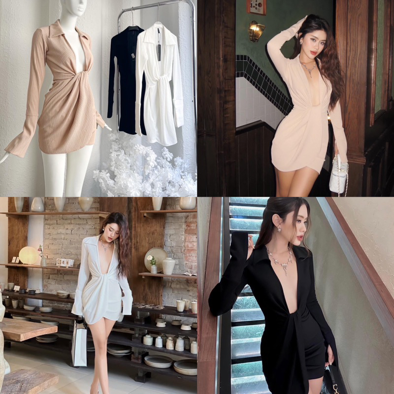 👗ĐẦM SƠMI TAY DÀI NHÚN HỞ NGỰC