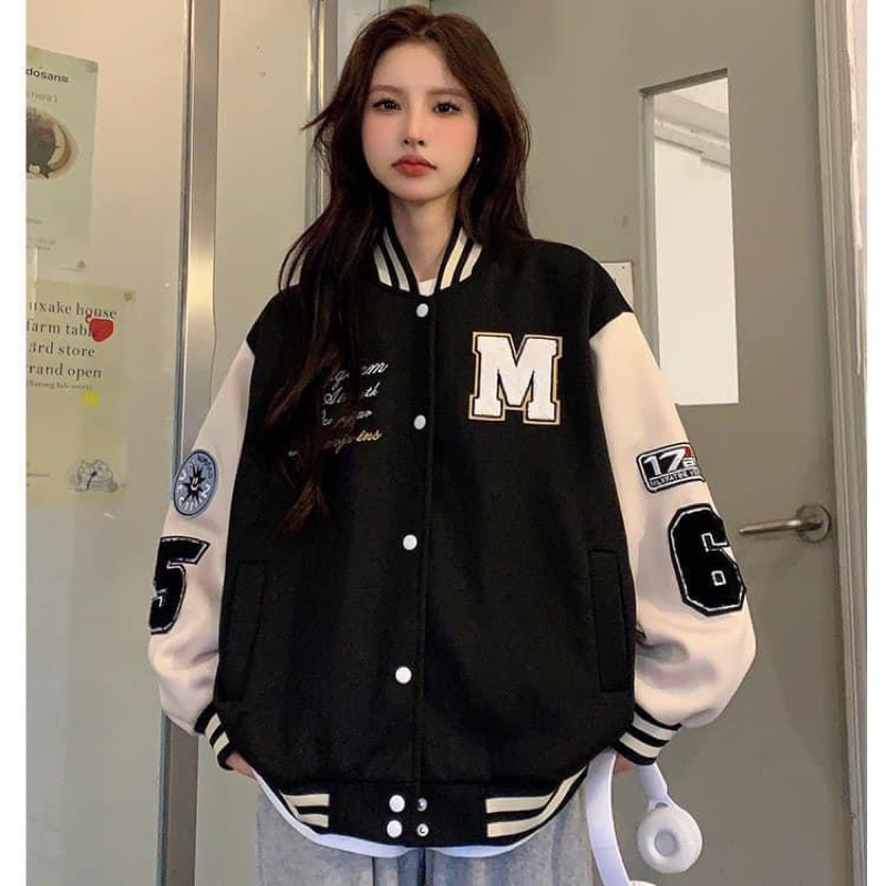 Áo khoác bomber M chữ thêu _ freesize chất nỉ bông, nam nữ mặc cặp dể thương