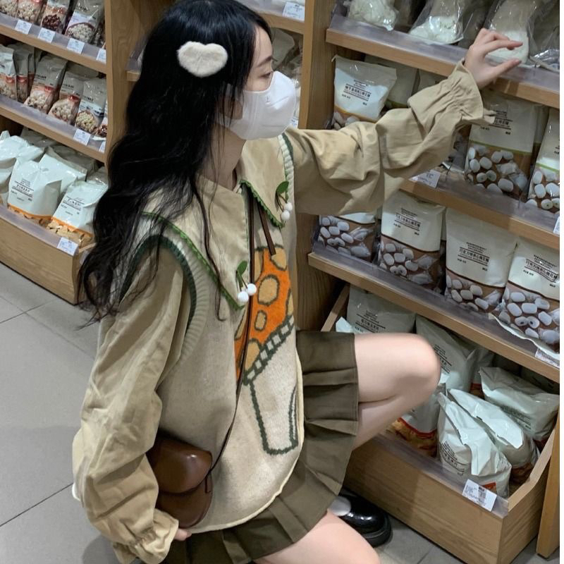 Sét Áo Sơ Mi Cổ Búp Bê Và Áo Len Không Tay Áo gile Len Cây Nấm Phong Cách Retro Hàn Quốc