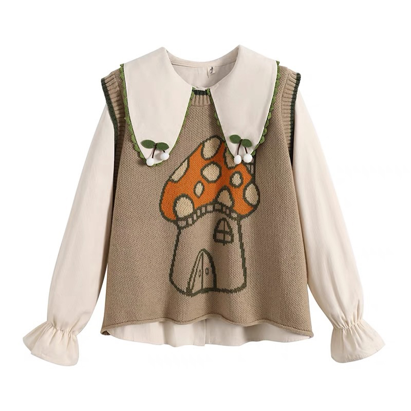 Sét Áo Sơ Mi Cổ Búp Bê Và Áo Len Không Tay Áo gile Len Cây Nấm Phong Cách Retro Hàn Quốc