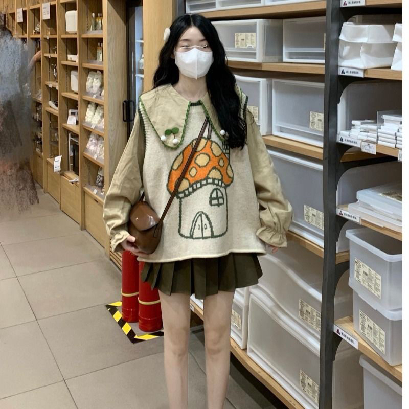 Sét Áo Sơ Mi Cổ Búp Bê Và Áo Len Không Tay Áo gile Len Cây Nấm Phong Cách Retro Hàn Quốc