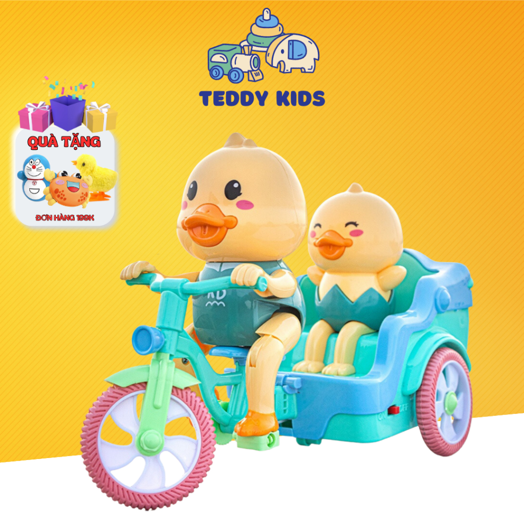 Đồ chơi vịt đạp xe có đàn nhạc vui nhộn bánh xe phát sáng - vịt chạy xe nhựa an toàn cho bé