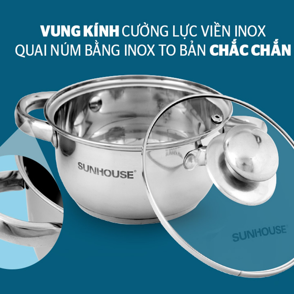 Bộ nồi Inox 3 đáy Sunhouse SH334 size 16cm-20cm-24cm | Đáy từ dùng mọi loại bếp | 3 lớp đáy, truyền nhiệt