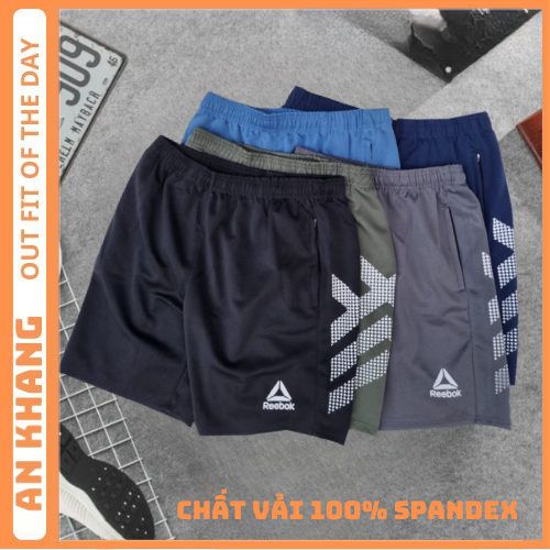 Quần đùi nam mặc nhà thun lạnh thể thao REEBOK có 02 túi khóa kéo ở 2 bên chất vải dày, mềm mịn co dãn 4 chiều