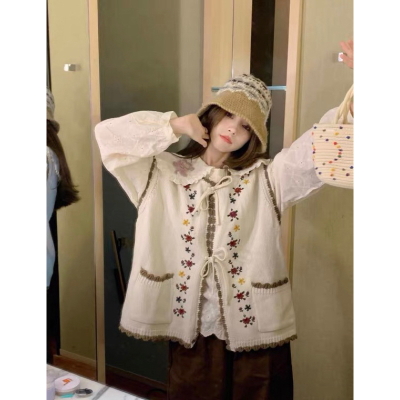 Sét Áo Sơ Mi Cổ Búp Bê Và Áo Len Không Tay Áo gile Len Thêu Hoa Cách Retro Hàn Quốc