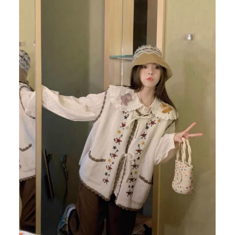 Sét Áo Sơ Mi Cổ Búp Bê Và Áo Len Không Tay Áo gile Len Thêu Hoa Cách Retro Hàn Quốc