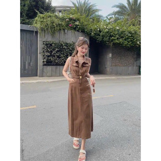 Đầm suông kaki cổ sơ mi cài nút dáng dài có túi chất Kaki kèm dây nịt 2 màu y hình.