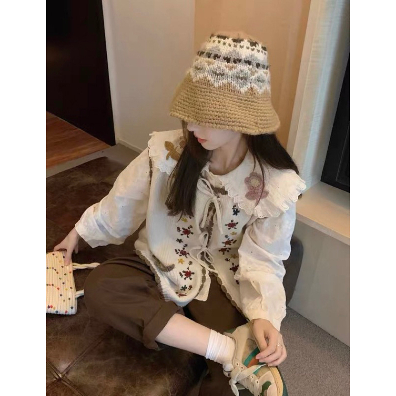 Sét Áo Sơ Mi Cổ Búp Bê Và Áo Len Không Tay Áo gile Len Thêu Hoa Cách Retro Hàn Quốc