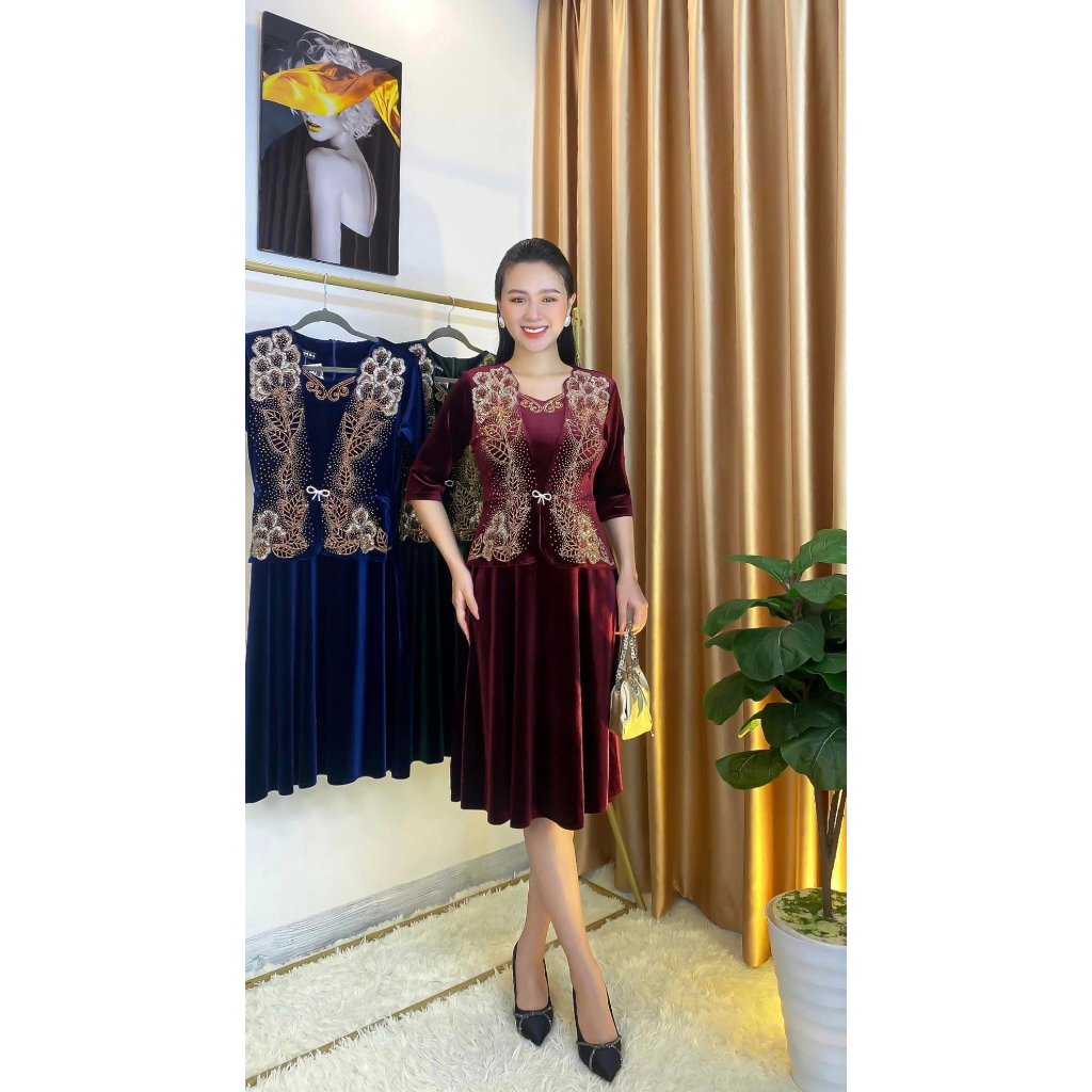 Daisy -  Đầm Nhung Vest Trung Niên Cao Cấp Tay Lửng Cho Mẹ chất vải nhung co giãn tốt BIGSIZE