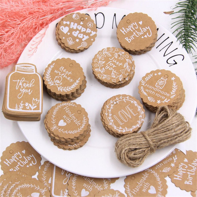 50 thẻ giấy kraft chữ Cảm ơn làm thủ công nhiều phong cách với dây treo/gói quà đám cưới DIY15