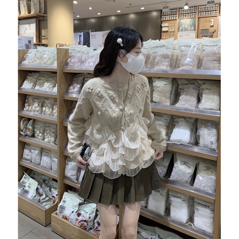 Áo khoác len Cardigan cúc bọc Tiểu thư phối viền bèo tầng, Lipeo.store