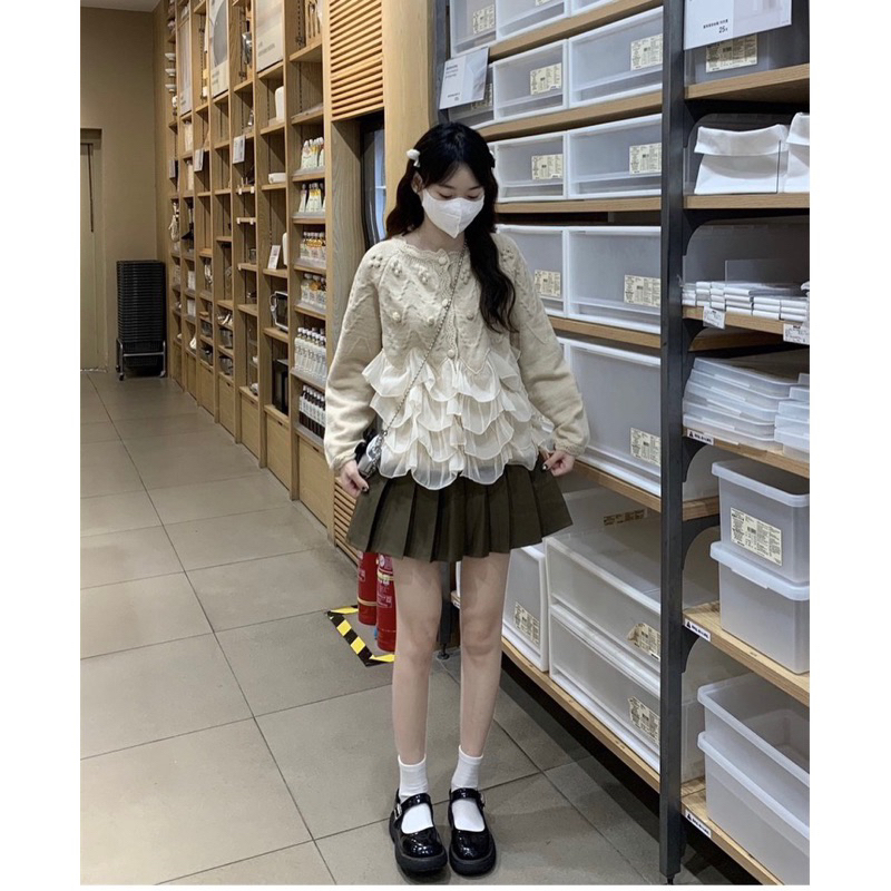 Áo khoác len Cardigan cúc bọc Tiểu thư phối viền bèo tầng, Lipeo.store