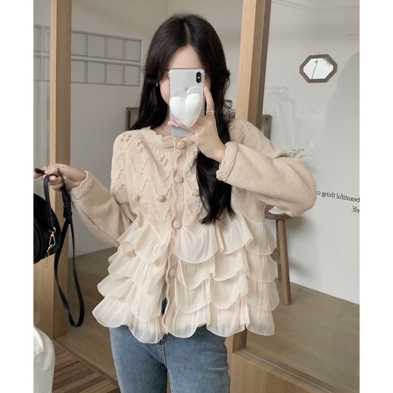 Áo khoác len Cardigan cúc bọc Tiểu thư phối viền bèo tầng, Lipeo.store