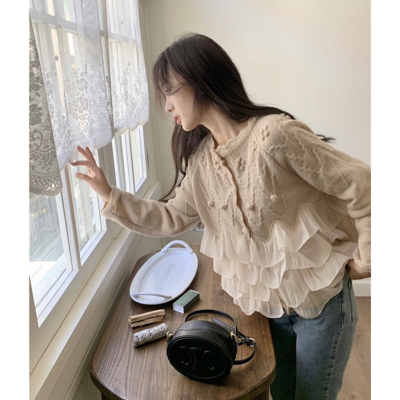 Áo khoác len Cardigan cúc bọc Tiểu thư phối viền bèo tầng, Lipeo.store