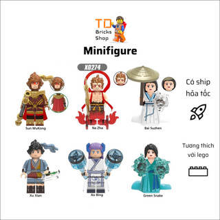 Minifigures, đồ chơi lắp ráp mô hình nhân vật tôn ngộ không, thanh xà, bạch xà, na tra, ngao bính, x0274
