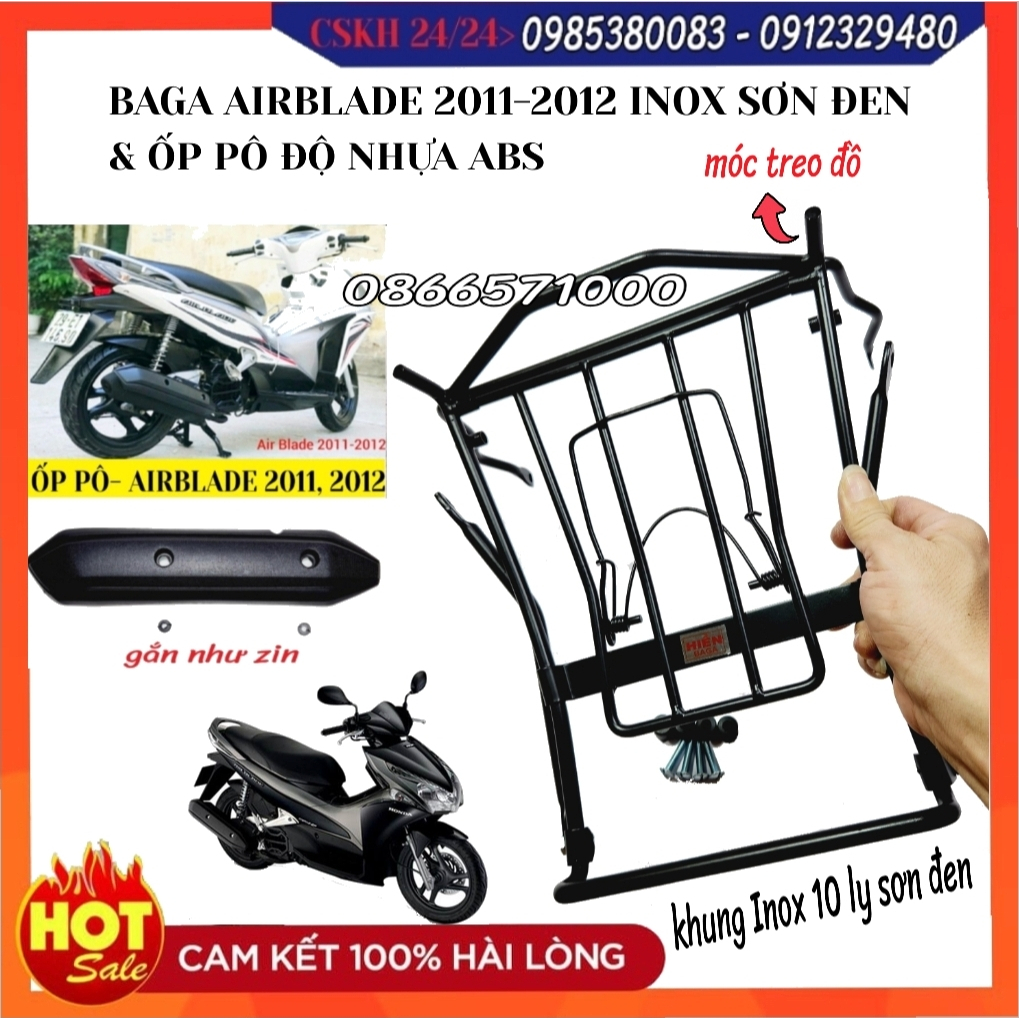 Baga AirBlade 2011-2012, AB Đầu Bò, AB Fi, Baga Inox 10 ly, Inox Sơn Đen, Xi Màu Titan; Ốp Pô Độ Cho AirBlade 2011-2012